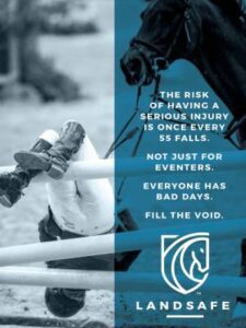 Horse jumping fall with safety message overlay.